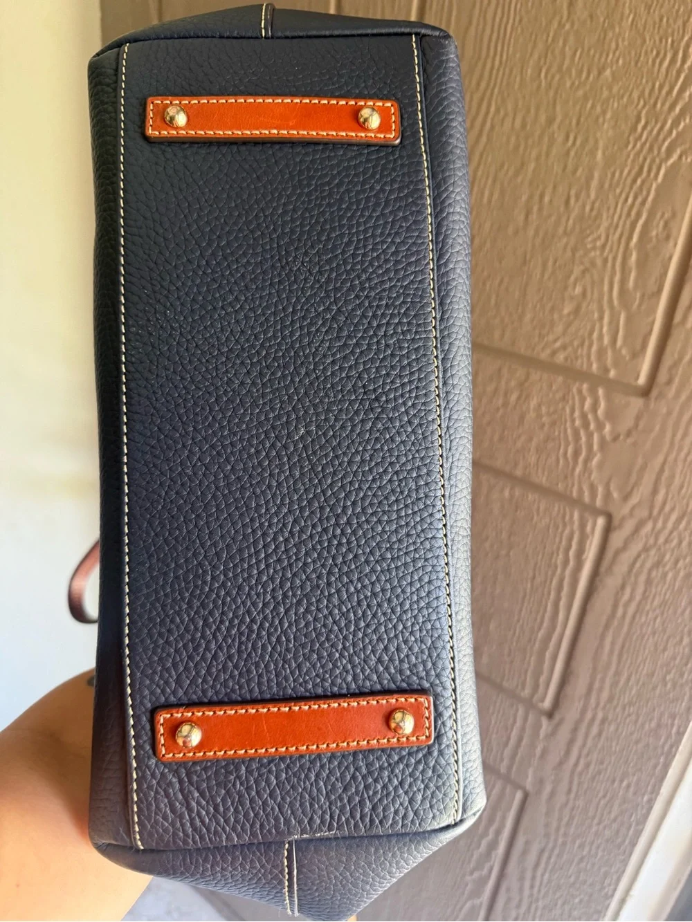 Dooney & Bourke Navy Leather Tote with Tan Braided Handles